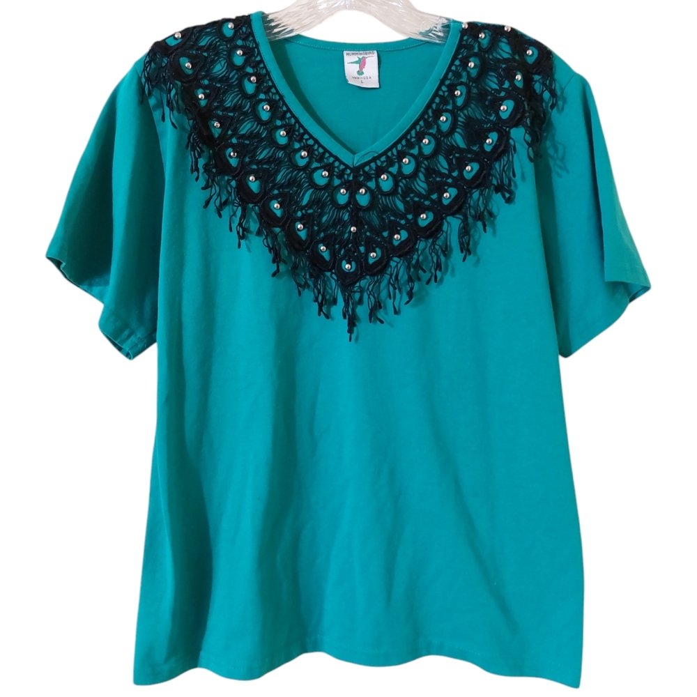 Vintage 90s Hummingbird Made in U.S.A Teal Green Western Tassle Neckline Shirt